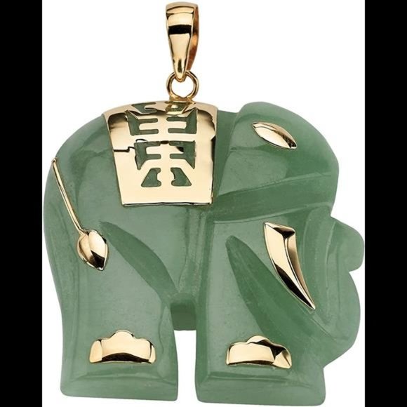 10K Yellow Gold Genuine Jade or Mother of Pearl Good Luck Elephant Charm Pendant - Picture 1 of 6